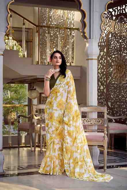 Floral Print Weightless Marble Saree with Pearl Lace Border